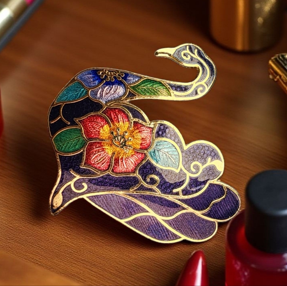 Vintage Cloisonné Swan Pin Brooch Floral Blue Flower Gold Tone 1980s